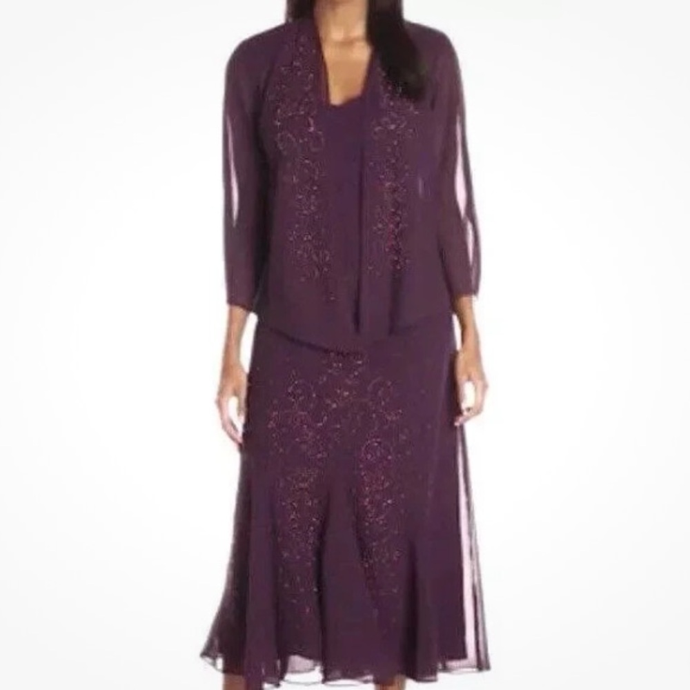 NWT 2pc R&M Richards Sleeveless Beaded V-Neck Dress 16 Eggplant Chiffon Jacket